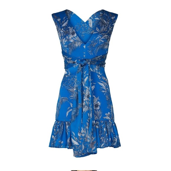 ALEXIS Blue Floral Print Chiffon V-Neck Ruffle Hem Mini Dress Womens s XS - Picture 7 of 8